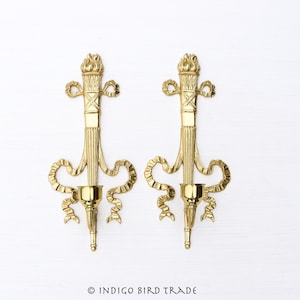 15&quot; Majestic Pair of Vintage Brass Wall Sconces in French Style | Antique Gold Metal Hanging Candle Sconces with Ribbon Bows and Fire Bombay