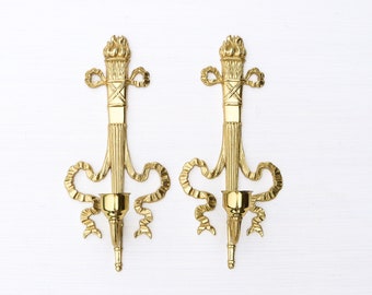 15" Majestic Pair of Vintage Brass Wall Sconces in French Style | Antique Gold Metal Hanging Candle Sconces with Ribbon Bows and Fire Bombay