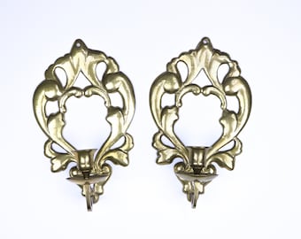 Pair of Vintage Ornate Brass Sconces | Wall Hanging Candle Sconces Antique Victorian Style Bronze | Gold Metal Shabby Chic Wall Decor French