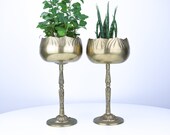 Vintage Pair of Brass Ornate Tulip Goblets Pedestal Planter Plant Stand Gold Floral Candle Holders Mid Century Antique Wine Goblets Metal