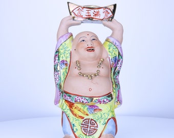 11" Antique Bisque Porcelain Buddha Holding Lucky Ingot of Gold Statue Vintage Chinese Famille Rose Happy Laughing Buddha Sculpture Figurine
