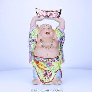 11&quot; Antique Bisque Porcelain Buddha Holding Lucky Ingot of Gold Statue Vintage Chinese Famille Rose Happy Laughing Buddha Sculpture Figurine