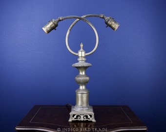 Antique French Double Arm Table Lamp | Victorian Bronze Tabletop Ornate Lighting | Art Nouveau Vintage Brass Desk Lamp | Old Student Lamp