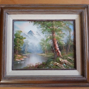 Vintage M.Scott Original Framed Oil Painting on Canvas Mountain River Landscape Antique 3D Art Nature Wall Picture Country Living Lake House