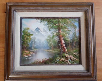 絵画　油絵　120cm×80cm　ヴィンテージ　レトロ　額　山、川のほとり ヴィンテージ M.スコット オリジナル 額入り キャンバス 油絵 山 川