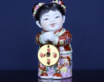 10" Tall Vintage Chinese Porcelain Girl Statue Antique Ceramic Gold Yunu Jade Girl Golden Lucky Sculpture Asian Pottery Figurine Chinoiserie