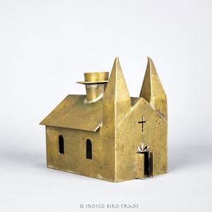 Antique Bronze Church Chapel Candle Holder Sculpture | Vintage Brass Church Candlestick Candleholder Statue Figurine Christmas Decor Gift