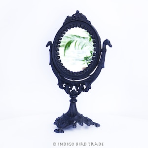 1800&#39;s Victorian Vanity Swivel Mirror with Cherub and Dragons | Antique Cast Iron Dresser Table Mirror | Vintage Metal Tabletop Old Mirror