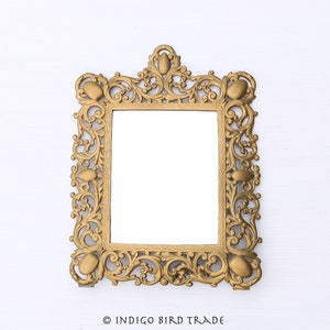 Late 1800s Antique Cast Iron Ornate Wall Mirror Vintage Gold Metal Wall Hanging Vanity Mirror Tabletop Victorian Brass Bronze Mirror French