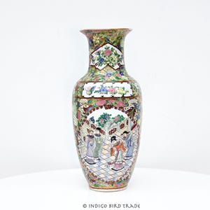 Antike Porzellan Famille Rose Chinesische Rose Medaillon Vase 14 "Hoch | Vintage Asiatische Chinoiserie Bunte Blumen Bodenvase
