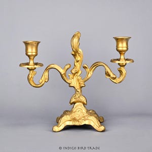 Antique French Rococo Gilt Bronze Candelabra | Ornate Metal Taper Double Candle Holder | Mantel Candleholder Candle Centerpiece