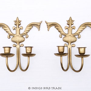 Pair of Vintage Brass Wall Sconces | Antique German Ornate Candle Sconces Wall Hanging | Bronze Candle Holders Double Arms Bronze Gold Metal