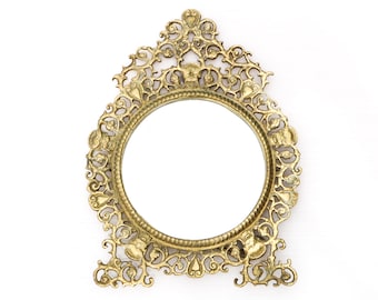 Vintage Virginia Metalcrafters Solid Brass Wall or Tabletop Mirror | Antique Ornate Face Hanging Mirror Vanity Art Nouveau Bronze Gold