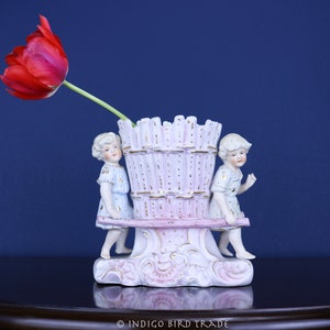 Antique German Fine Bisque Porcelain Girls Holding a Basket Vase Statue | Vintage Gebruder Heubach era Children Sculpture Figurine Germany