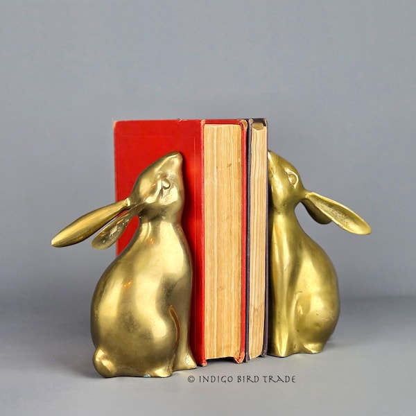 Gorgeous Brass Rabbit Bookends Vintage | Gold Metal Bunny Pair of Book Holders Figure | Mid Century Bronze Shelf Library Home Decor Easter