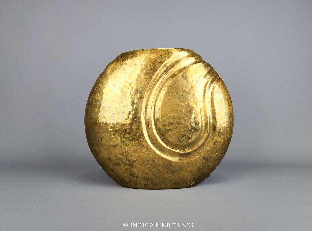 Large Mid Century Hammered Brass Moon Shaped Vase Art Deco Revival Vintage Round Gold Metal