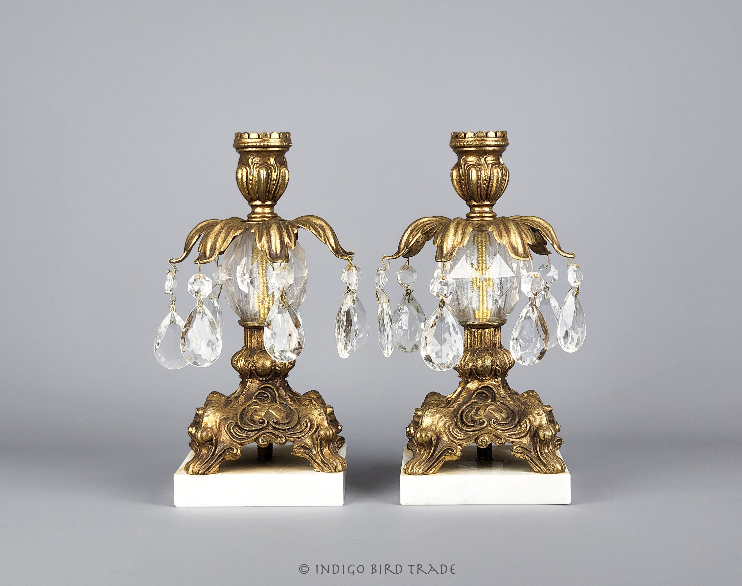 Pair of French Alabaster and Brass Candlesticks.Baccarat Bobeches