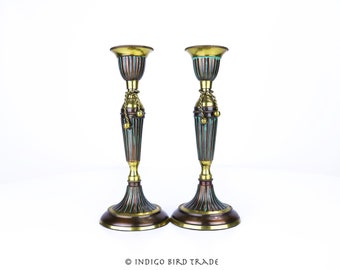 Pair of Solid Brass Vintage Taper Candle Holders | Bronze Gold and Teal Candlesticks with Tassel | Mid Century Candleholders Lot Set Wedding