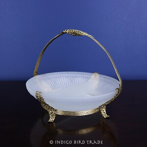 Vintage Ornate Brass Filigree Frosted Glass Basket | Antique Footed Gold Metal Jewelry Display Tray Milk Glass Candy Dish Double Compartment