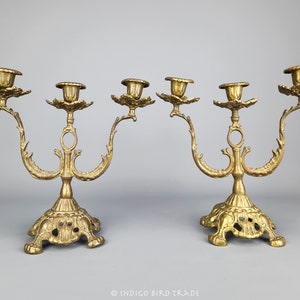 1800s Pair of French Gilt Bronze Candelabras Louis XV Style | Antique Ornate Metal Candle Holders | Vintage Victorian Floral Candlesticks