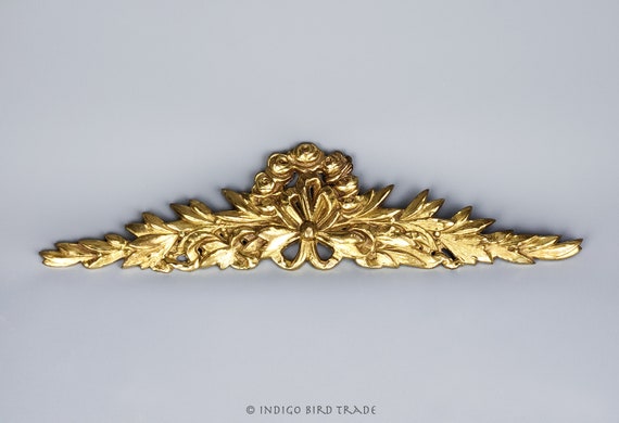 Large Vintage Brass French Bow Ornate Pediment | Antique Wall Hanging Ribbon Bow Victorian Style Gold Metal Bronze Floral Plaque Shabby Chic