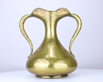 1930's Italian Egidio Casagrande Hammered Brass Vase with Handles | Vintage Mid Century Modern Gold Metal Vase Art Deco Style