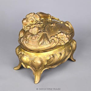 1900&#39;s Large French Art Nouveau Gilt Metal Jewelry Box | Antique Floral Jewelry Casket with Lid Gold Footed Vanity Box France Edwardian Era