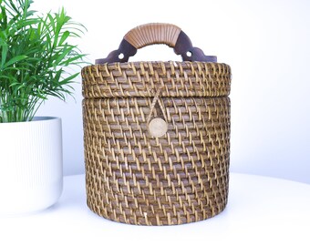 Vintage Rattan Round Basket with Lid and Wood Handle | Antique Handwoven Wicker Container Tote Bag | Wooden Picnic Basket Magazine Holder