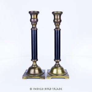 Pair of Brass and Black Vintage Column Candlesticks | Bronze Metal Taper Candle holders | Tall Antique Candleholders Neoclassical Style