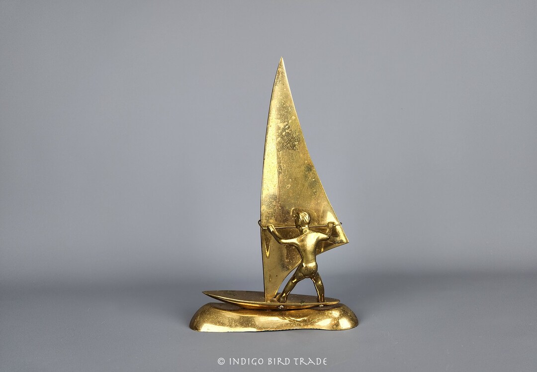 Vintage Solid Brass Windsurfer Sculpture Mid Century Board Etsy