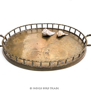 22&quot; Large Vintage Brass Bamboo Tray with Handles Antique Oval Display Tray Ornate Gold Metal Vanity Mid Century Gallery Serving Tray MCM