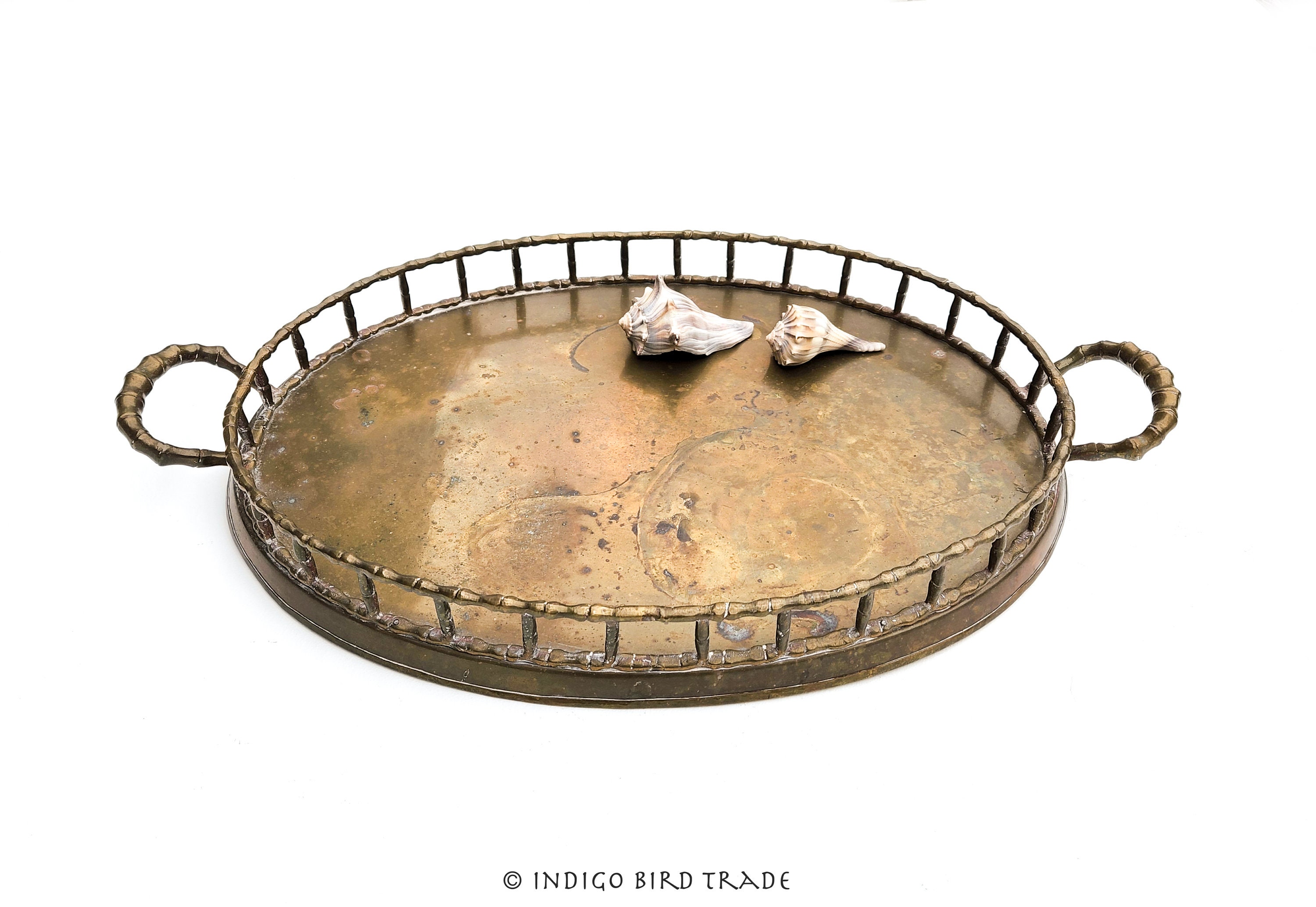 Seahelms Large Bamboo Serving Tray With Metal Handles - 40x30cm Rustic Wooden Tray For Living Room