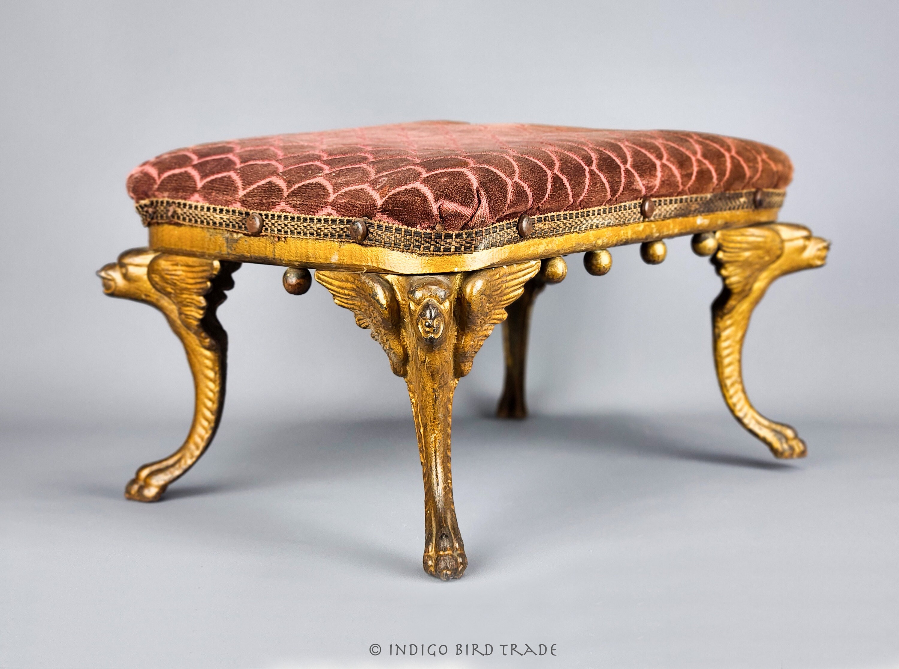 19th Century Footstool With Metal Griffin Feet | Antique 19th Century Footstool With Metal Griffin Feet | Antique