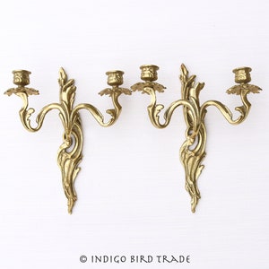 1880s Pair of Antique Ornate Bronze Sconces Louis XVI French Style | Vintage Wall Hanging Gold Brass Victorian Candleholders Candelabras