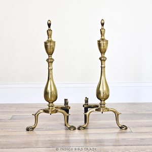 Antique Victorian Cast Iron and Brass Fireplace Andirons Bird Claw Feet Set of 2 | Pair of Black and Gold Farmhouse Log Holders Fire Dogs