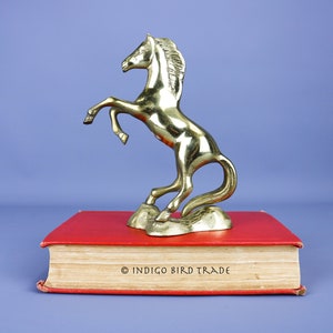 Vintage Solid Brass Rearing Horse Statue | Mid Century Horse Sculpture Gold Metal | Bronze Stallion Figurine Shelf Decor Christmas Gift
