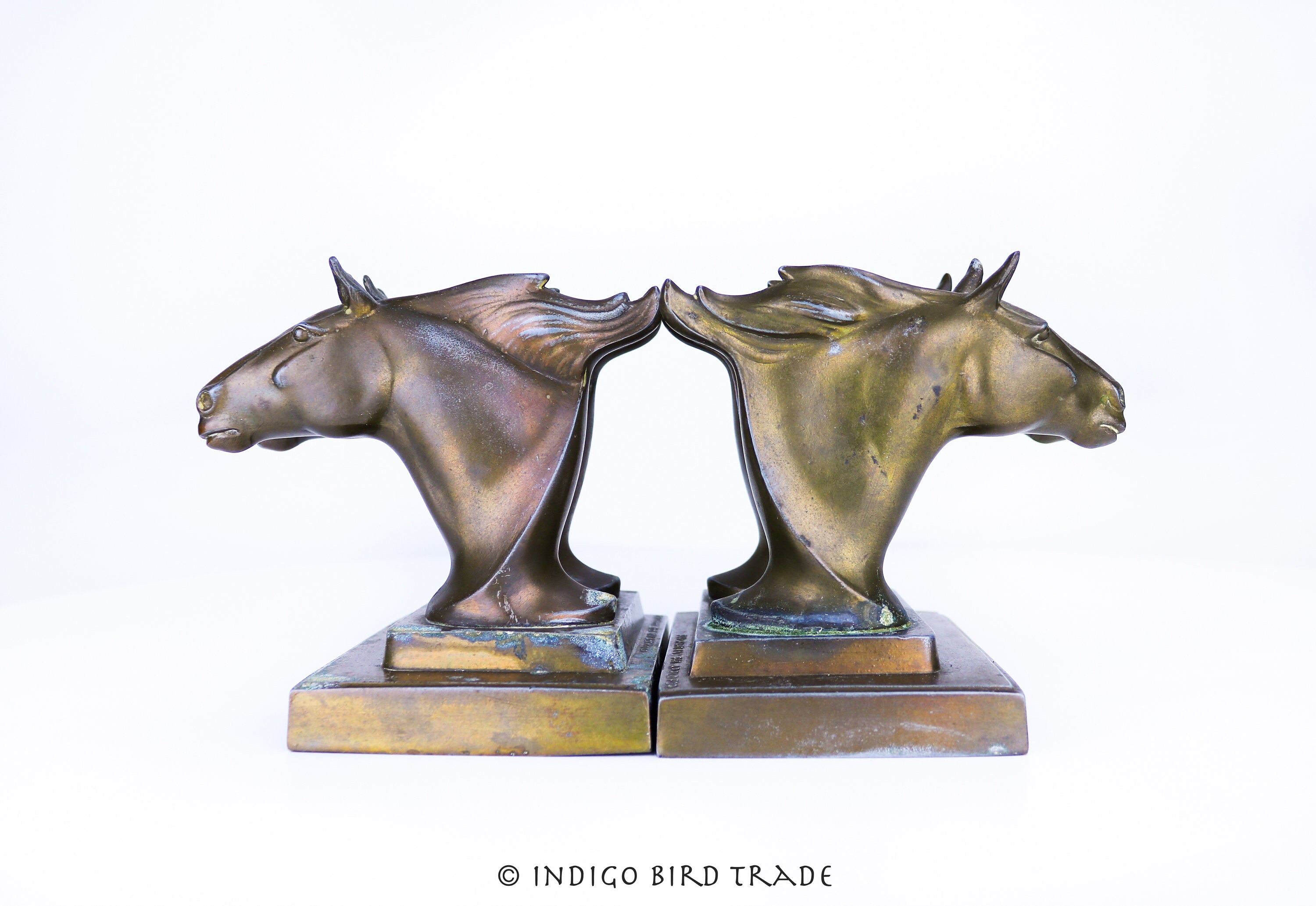 1920s Art Deco Frankart Double Horse Head Bronze Bookends Antique 