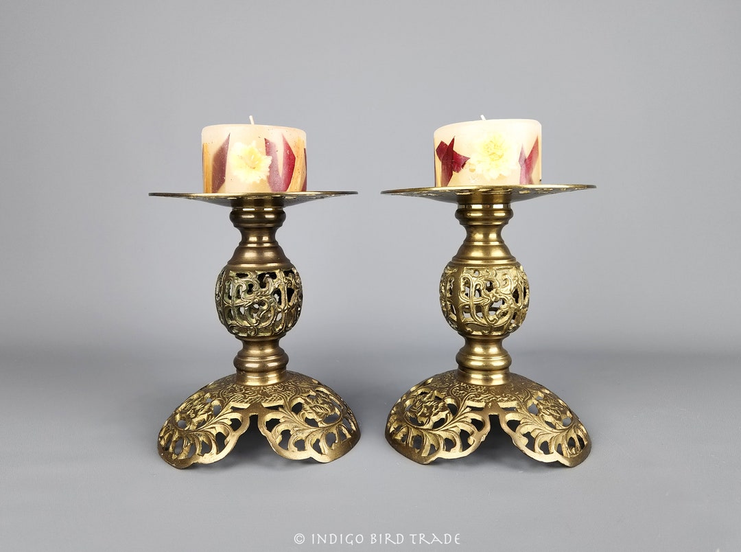 Pair of Ornate Brass Pillar Candle Holders Vintage Large Filigree