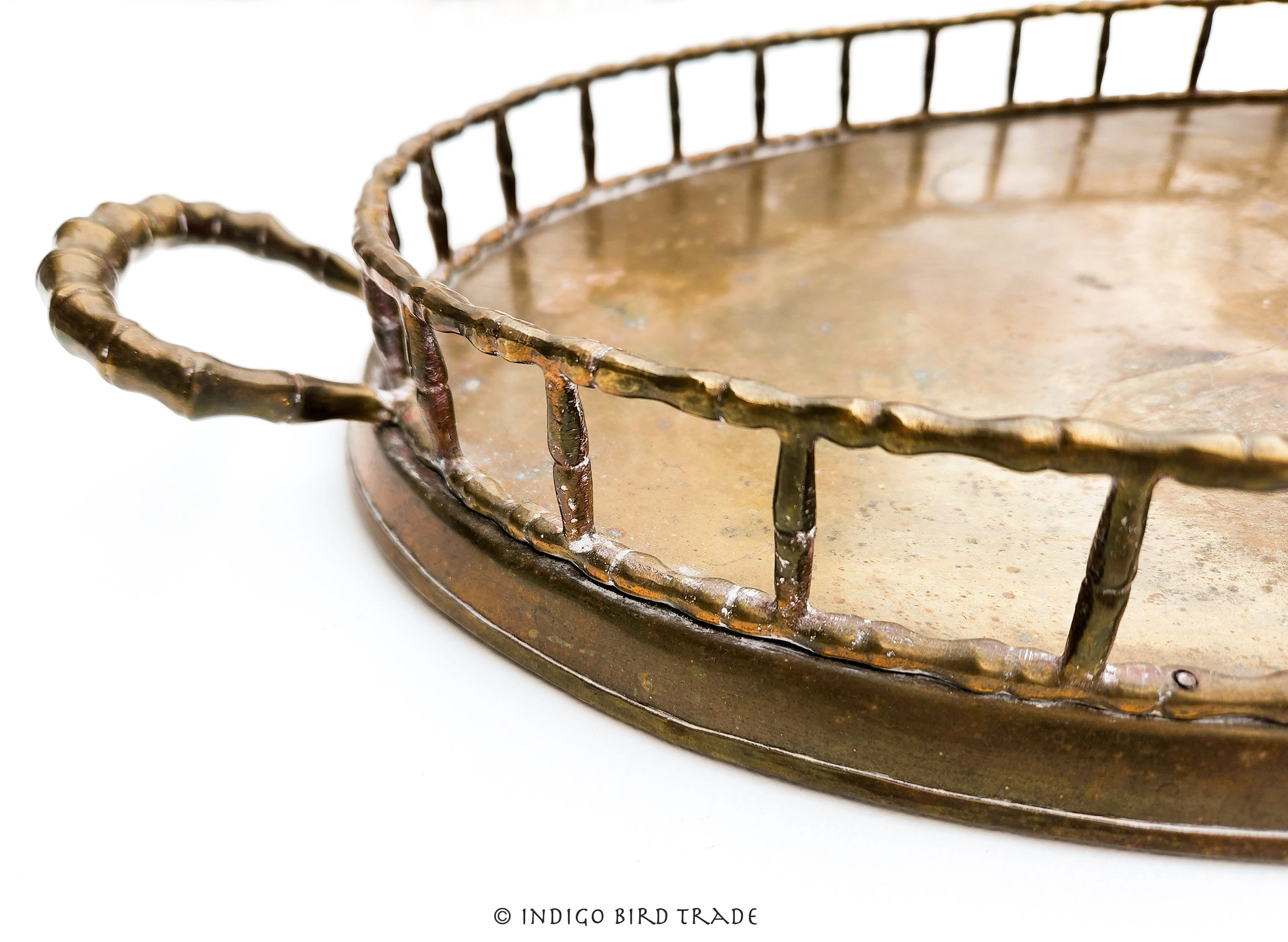 22 Large Vintage Brass Bamboo Tray With Handles Antique Oval Display Tray  Ornate Gold Metal Vanity Mid Century Gallery Serving Tray MCM 