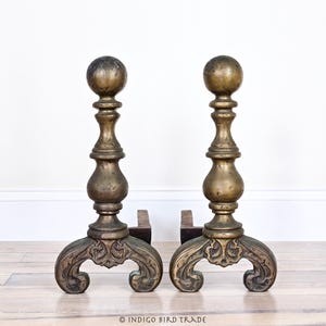 Antique Victorian Solid Brass and Cast Iron Fireplace Andirons Set of 2 | Pair of Bronze Farmhouse Log Holders | Vintage Dark Fire Dogs