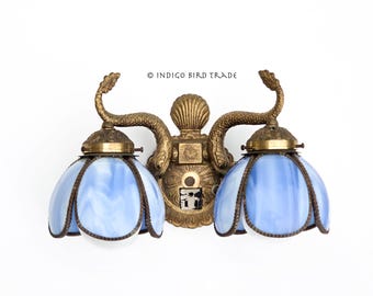 Rare Antique Brass Koi Fish and Blue Slag Glass Double Light Wall Mounted Sconce