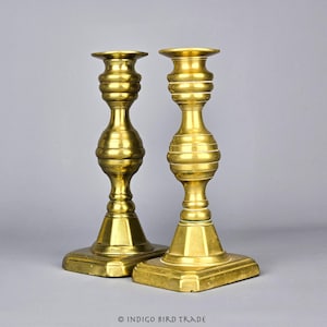 1820&#39;s English Brass Beehive Push-up Candlestick Holders Set of 2 | Pair of Antique Georgian Period Candle Holders Early Taper Candleholders