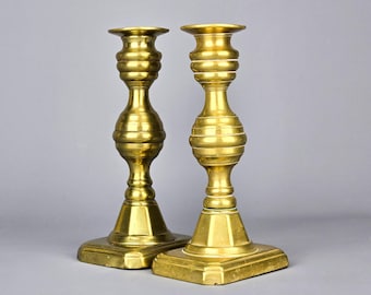 1820's English Brass Beehive Push-up Candlestick Holders Set of 2 | Pair of Antique Georgian Period Candle Holders Early Taper Candleholders