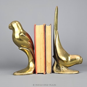 Art Deco Solid Brass Parrot Bookends Set of 2 | Pair of Vintage Gold Love Bird Sculpture Book Holders | Metal Statue Figurine Dolbi Cashier