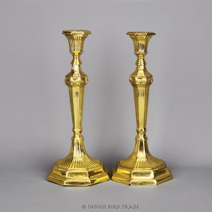 Pair of Vintage French Empire Style Brass Candlestick Holders | Tall Ornate Gold Metal Candleholders Set of 2 | French Ribbon Candle Holders