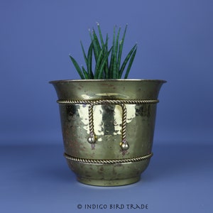 Vintage Large Hammered Brass Planter with Tassel Bow | Gold Metal Round Plant Pot Mid Century Modern Indoor Window Garden Plant Holder