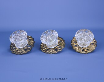 Set of 3 Antique Victorian Crystal Glass and Gilt Metal Door Handles | Vintage Door Knobs Ornate Gold Metal Cast Iron French Hardware Indoor