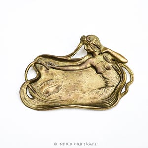 1900&#39;s Art Nouveau French Gilt Bronze Nymph Vanity Tray | Antique Maiden Sculpture Floral Design Pin Tray Trinket Dish Jewelry Display
