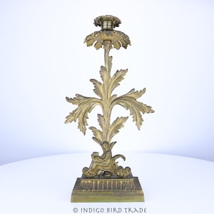 1900s Antique French Ormolu Bronze Candelabra 14" Tall | Vintage Ornate Floral Brass Candlestick Grecian Motif | Gilt Metal Candle Holder