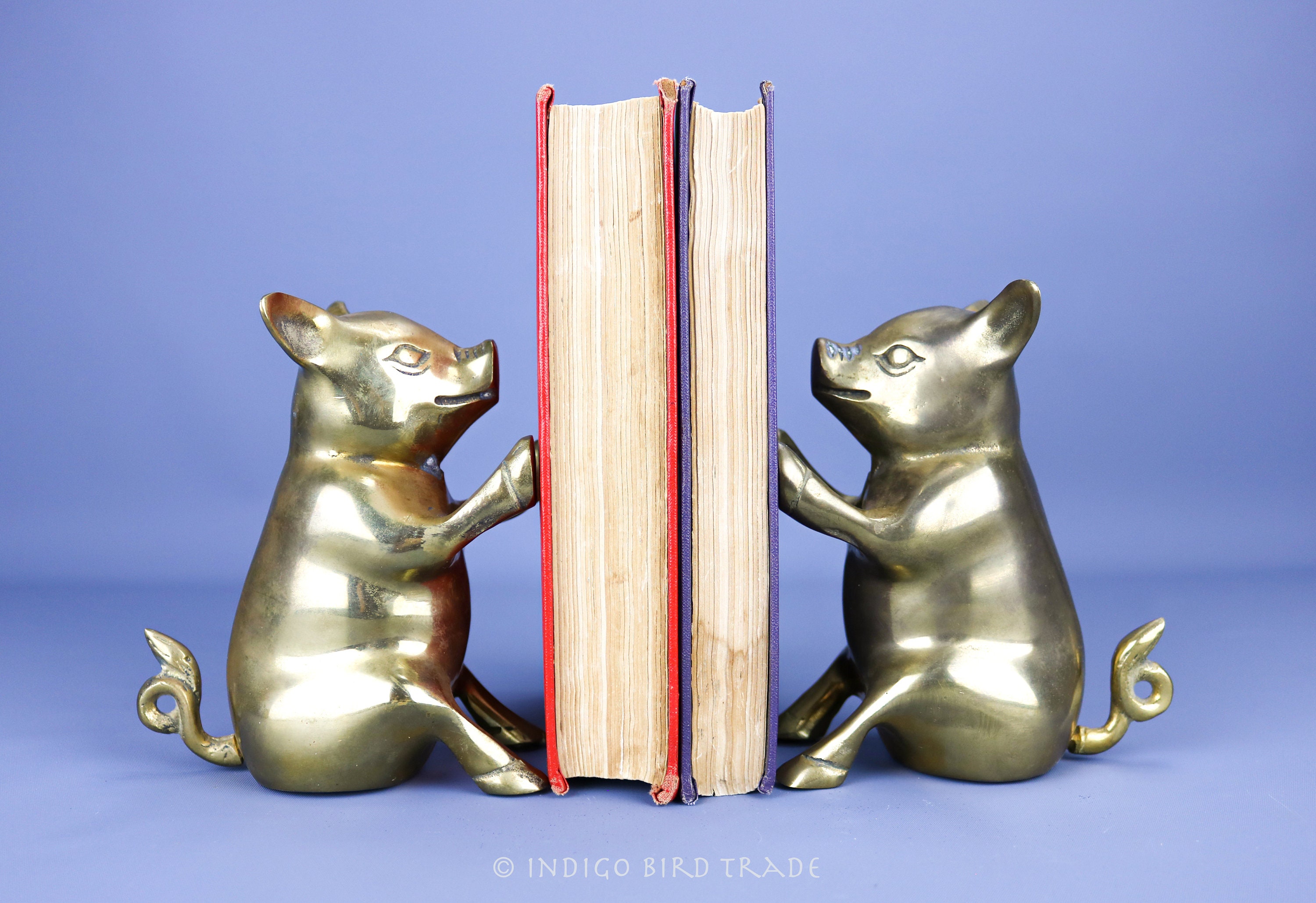 Pair of Vintage Solid Brass Pig Bookends | Gold Metal Piglet Book